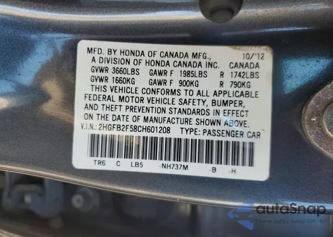 2012 Honda Civic Lx z USA, uszkodzony, nr VIN 2HGFB2F58CH601208